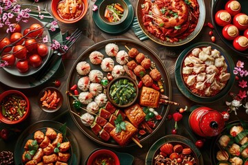 Fototapeta premium A table full of Asian food with a lot of different dishes. The table is set with many different plates and bowls, and there are many different types of food on the table