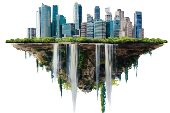 Floating modern skyscraper with waterfall isolated on transparent background