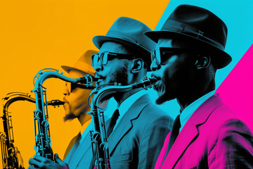 Trio of Jazz Saxophonists in Colorful Art Style