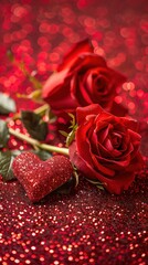 Valentine's Day Romantic Background with Red Roses and Glittering Heart