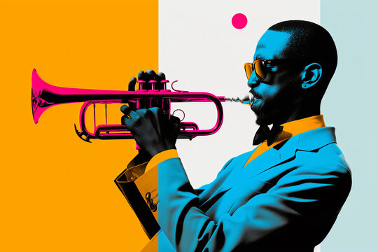 Jazz Trumpeter in Bow Tie Against Bold Color Blocks