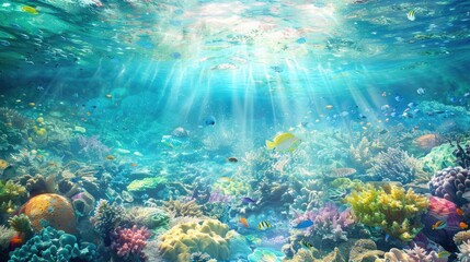 Fototapeta premium A colorful underwater scene with many fish and coral