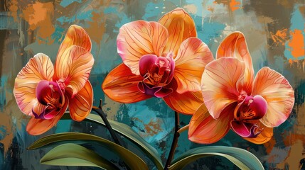 Vibrant Orange Orchids with Lush Green Leaves Against Artistic Background © Chananphat
