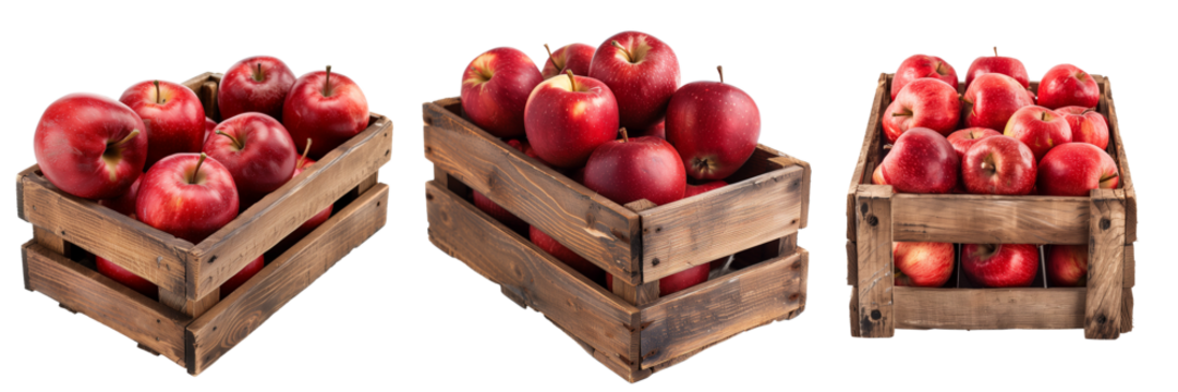 Red apples in wooden box isolated on white background