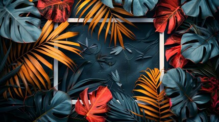 A white frame surrounded by tropical leaves in various shades of green, red and yellow, against a dark blue background.