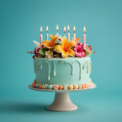 Pretty blue cake with flowers