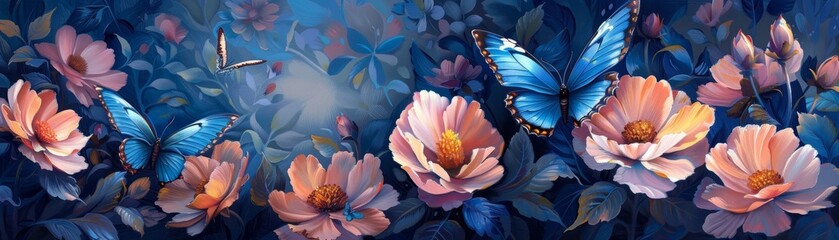 Soft pink flowers bloom against a dark blue background.
