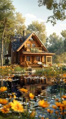 Obraz premium Beautiful Wooden Japanese Small House in a Field Manga Style