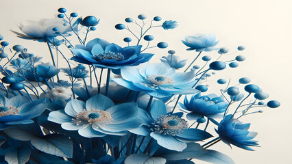 A close up of blue flowers on a white background