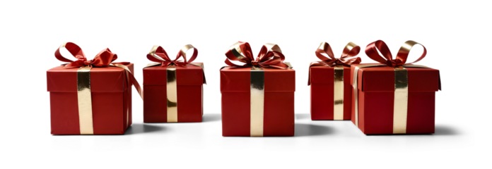 red golden Christmas presents, Christmas gifts, red boxes as presents in row with shadows