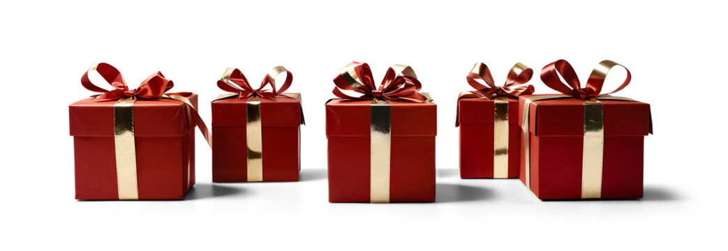 red golden Christmas presents, Christmas gifts, red boxes as presents in row with shadows