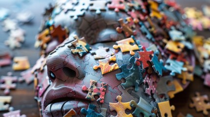 Fototapeta premium A face figure made up of puzzle pieces, some in place and others scattered around.