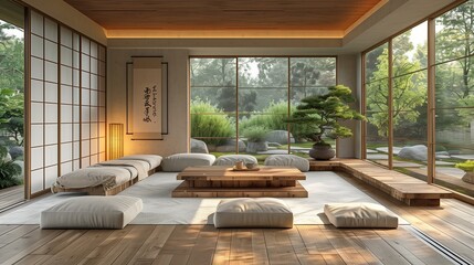 Fototapeta premium Modern Japanese Style Living Room With Floor Cushions and Garden View