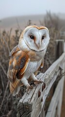 Naklejka premium On a wooden post, a barn owl perches.