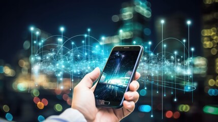 hand hold mobile phone and the big data wireless 5G connecting, technology, networking, digital, business, connect, communication, smartphone, online, cyberspace, social, media, interface