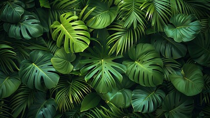 A dense canopy of tropical leaves with varying shades of green, creating a lush and exotic background texture suitable for jungle, rainforest, or adventure-themed visuals. , Minimalism,