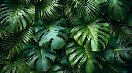 Artistic pattern of tropical palm leaves in vibrant greens, creating a dynamic and exotic background texture perfect for beach, vacation, and adventure-themed designs. , Minimalism,