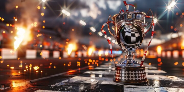 Silver Trophy on a Checkered Race Track