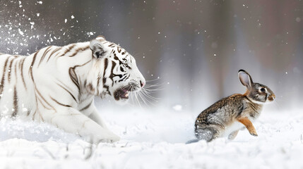 Obraz premium Fierce white tiger sprinting at high speed to catch a fleeing wild rabbit in a snowy icy winter landscape Predator and prey battle for survival in the wilderness