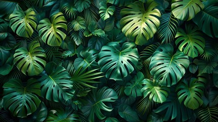 Dense canopy of tropical leaves with vibrant greens, forming a lush and exotic background texture for nature and adventure-themed illustrations. , Minimalism,