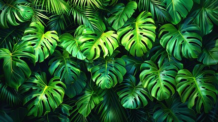 Fototapeta premium Dense rainforest canopy with overlapping leaves and vibrant greens, creating a lush and exotic background texture for nature and adventure-themed illustrations. , Minimalism,