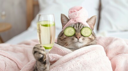 A cat is wearing cucumber eye masks and holding a glass of champagne, spa relaxation