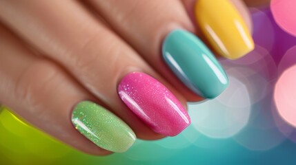 A hand with a green, pink, and blue manicure, nail service concept