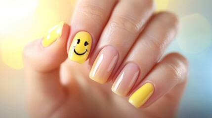 Naklejka premium A hand holding a yellow manicured nail with a smiley face painted on it, nail service concept