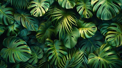 Detailed photograph of a rainforest canopy with dense, overlapping leaves, creating a lush and exotic background texture for nature and adventure-themed illustrations. , Minimalism,