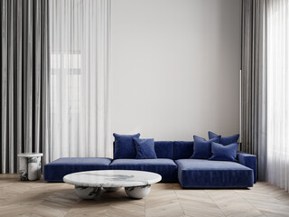 Contemporary minimalist interior with blue sofa, marble coffee tables, chevron wood floor and decor. 3d render illustration mockup.