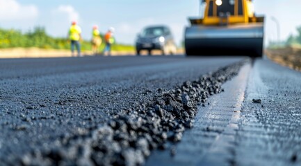 A road crew is working on a road, and a car is driving by, highway repair