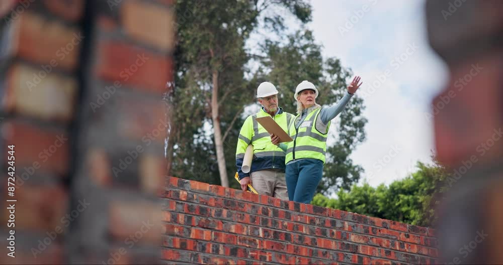 Poster planning, teamwork and project manager at construction site with floor plan development or renovatio