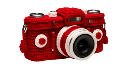 Handcrafted сrochet frost protection camera case cut out. Technical equipment safety and photography concept