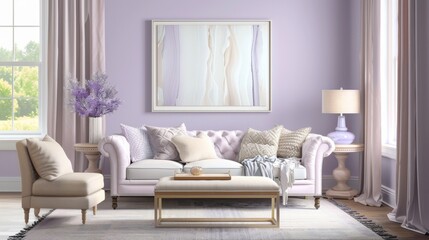 Elegant Living Room Interior Design with Lavender Walls, Cushioned Sofa, and a Stylish Table Lamp.