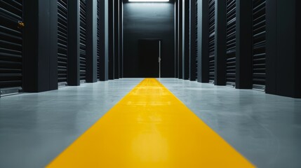 Wide-angle shot of a dim storage room with a vibrant yellow path, detailed and textured, industrial feel, strong contrast, moody and engaging