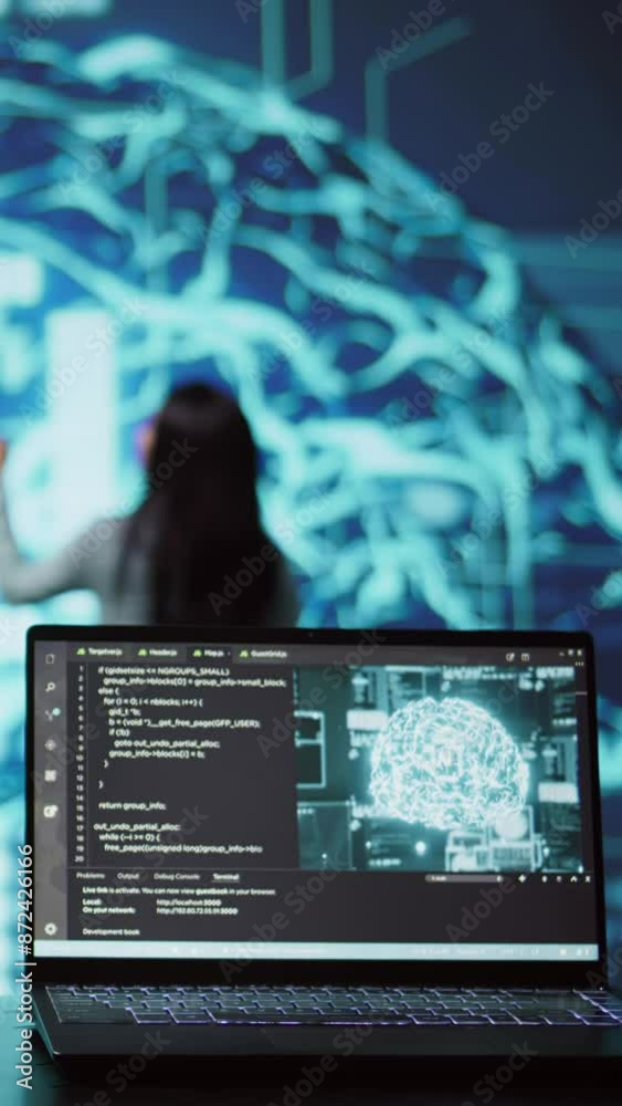 Poster vertical video engineers use ar tech to visualize ai neural networks brain, solving company problems