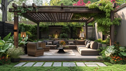 Modern Patio Furniture Under a Wooden Pergola Covered in Vines