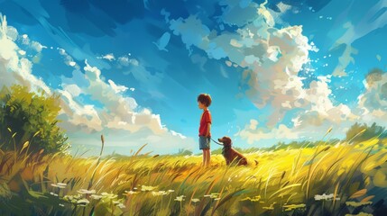 Fototapeta premium Little boy with dog on the field in summer day, Digital painting, Anime style.