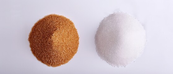 Overhead shot of brown and white sugar, with labels clearly visible. Emphasizing freshness and natural quality, isolated background, studio lighting