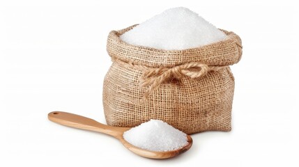 Scoop and burlap sack of white sugar, isolated on white, ideal for advertising, detailed granules, clean and professional look