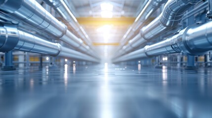 Fototapeta premium Long rows of shiny metal pipes in a modern industrial facility with bright lighting and a futuristic design. 