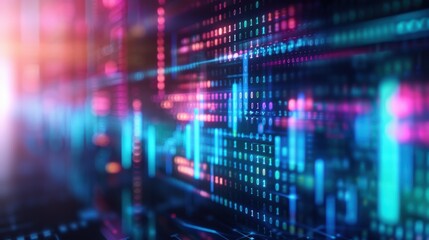Abstract digital technology background with colorful binary code, data visualization, and futuristic design.