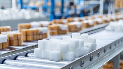 Obraz premium Conveyor belt in a sterile factory setting, transporting modernly packaged sugar bags and brown sugar cubes, advanced technology, intricate and precise