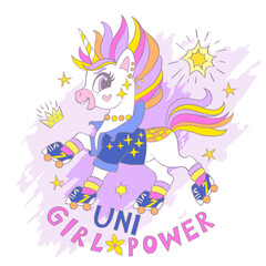 Greeting card with cute unicorn on roller skates and lettering
