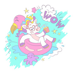 Greeting card with cute relaxing unicorn and lettering vector