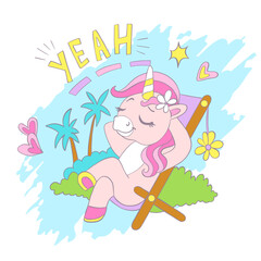 Greeting card with cute unicorn relaxing on a beach vector