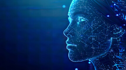 Obraz premium Cybernetic female face outline with circuit board details and binary data flow blue background representing machine learning and artificial intelligence high-tech design photorealistic