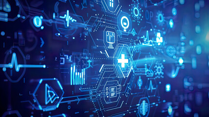 Digital health and technology theme blue and white color scheme medical symbols and futuristic elements clean and detailed design representing modern healthcare innovation 