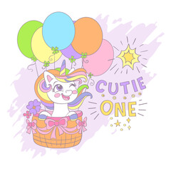 Greeting card with cute unicorn on air balloons vector