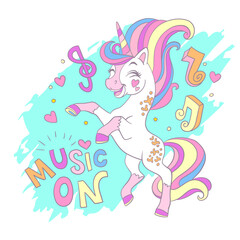 Greeting card with cute dancing unicorn and lettering vector